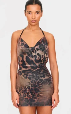 Brown Printed Slinky Cowl Neck Mini Dress