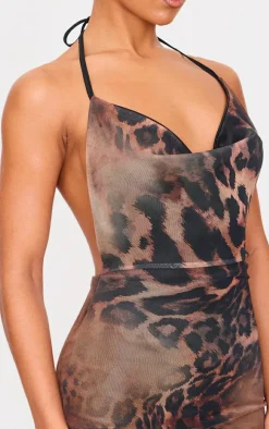 Brown Printed Slinky Cowl Neck Mini Dress