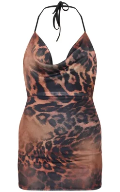 Brown Printed Slinky Cowl Neck Mini Dress
