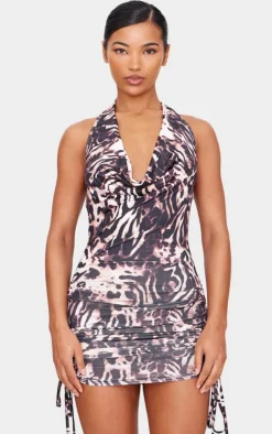 Brown Printed Slinky Cowl Neck Ruched Side Mini Dress