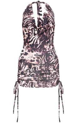 Brown Printed Slinky Cowl Neck Ruched Side Mini Dress