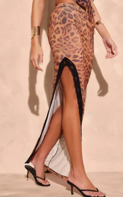 Brown Printed Slinky Lace Trim Maxi Skirt