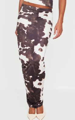 Brown Printed Soft Touch Ruched Side Maxi Skirt