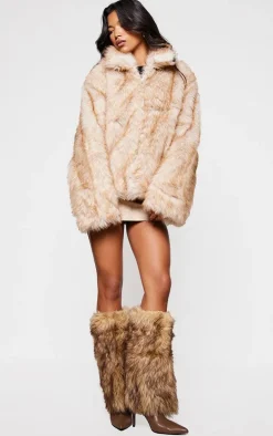 Brown Pu Faux Fur Fold Over Stiletto Knee High Heeled Boots