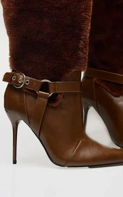 Brown PU Faux Fur Point Toe Over The Knee High Stiletto Heeled Boots