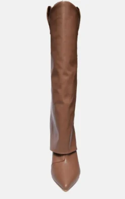 Brown Pu Fold Over Point Toe Heeled Boots