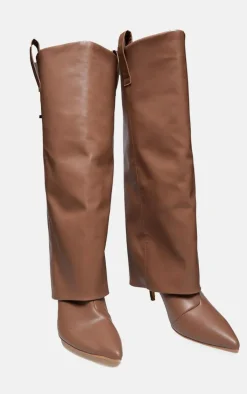 Brown Pu Fold Over Point Toe Heeled Boots