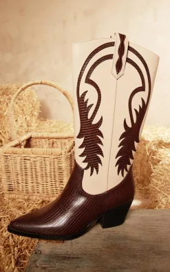 Brown PU Point Toe Contrast Knee High Western Boots