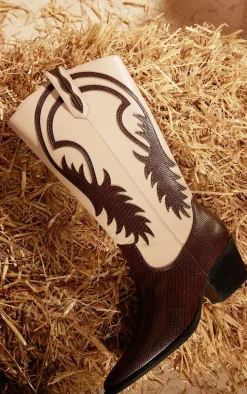 Brown PU Point Toe Contrast Knee High Western Boots