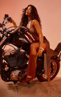 Brown PU Point Toe Gold Stud Fold Over High Stiletto Heeled Boots