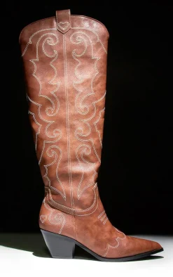 Brown PU Point Toe Heart Stitched Western Knee High Heeled Boots