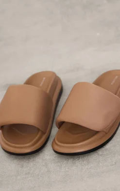 Brown Pu Round Toe Velcro Strap Flat Slider Sandals