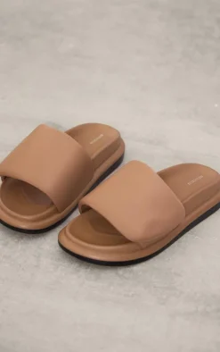 Brown Pu Round Toe Velcro Strap Flat Slider Sandals