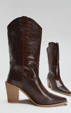 Brown PU Wide Fit Croc Point Toe Knee High Western Boots
