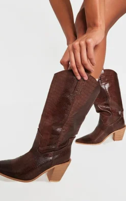 Brown PU Wide Fit Croc Point Toe Knee High Western Boots
