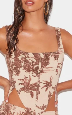Brown Renaissance Inspired Print Dip Front Denim Corset Top