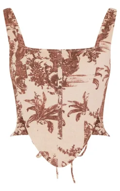 Brown Renaissance Inspired Print Dip Front Denim Corset Top