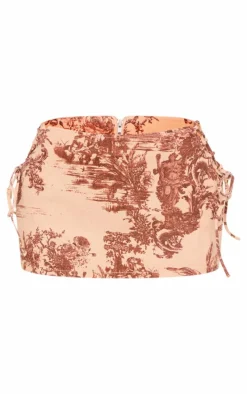 Brown Renaissance Inspired Print Lace Side Denim Mini Skirt