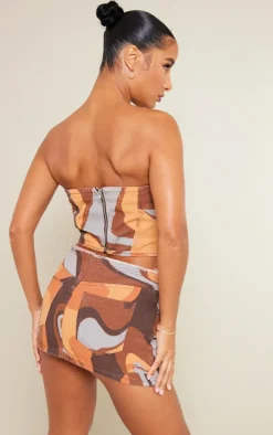 Brown Retro Swirl Print Panelled Denim Corset Top