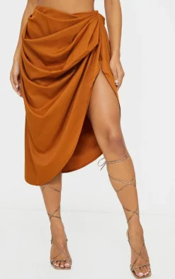 Brown Ruched Side Midi Skirt