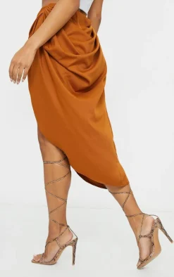 Brown Ruched Side Midi Skirt