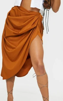 Brown Ruched Side Midi Skirt