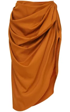 Brown Ruched Side Midi Skirt