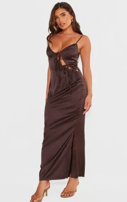 Brown Satin Bow Lace Up Cami Dress