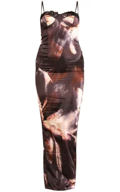 Brown Satin Print Lace Trim Maxi Dress
