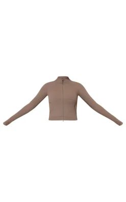 Brown Sculpt Pocket Front Double Zip Up Jacket