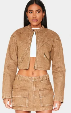 Brown Seam Detail Shoulder Padded Racer Cropped Denim Jacket