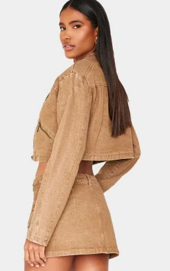 Brown Seam Detail Shoulder Padded Racer Cropped Denim Jacket