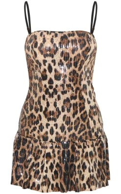 Brown Sequin Leopard Frill Skirt Mini Dress