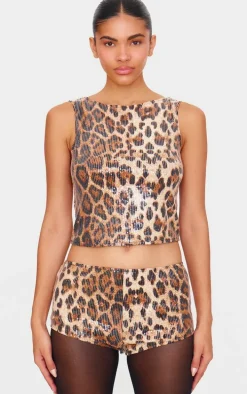 Brown Sequin Leopard Print Boat Neck Long Line Top