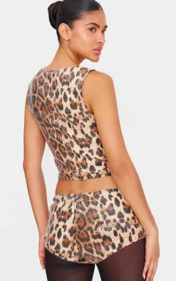 Brown Sequin Leopard Print Boat Neck Long Line Top