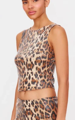 Brown Sequin Leopard Print Boat Neck Long Line Top