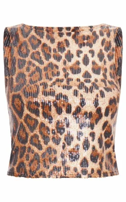 Brown Sequin Leopard Print Boat Neck Long Line Top