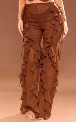 Brown Sheer Chiffon Tiered Ruffle Flared Pants