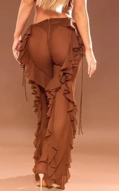 Brown Sheer Chiffon Tiered Ruffle Flared Pants