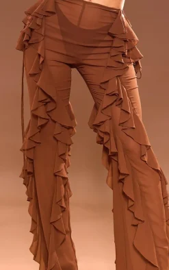 Brown Sheer Chiffon Tiered Ruffle Flared Pants