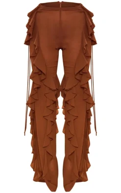 Brown Sheer Chiffon Tiered Ruffle Flared Pants
