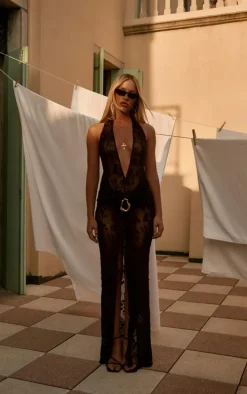 Brown Sheer Devore Plunge Maxi Dress