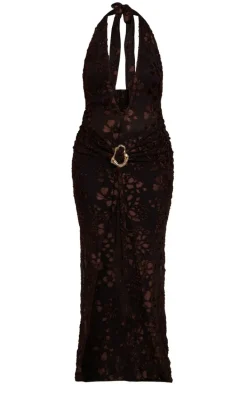Brown Sheer Devore Plunge Maxi Dress