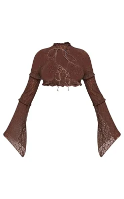 Brown Sheer Lace Frill Detail Crop Top