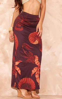 Brown Shell Printed Lined Mesh Maxi Skirt