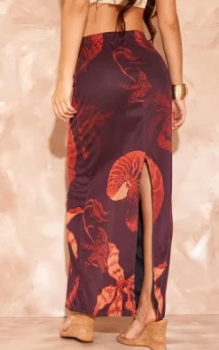 Brown Shell Printed Lined Mesh Maxi Skirt