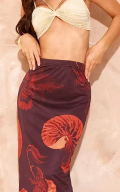 Brown Shell Printed Lined Mesh Maxi Skirt