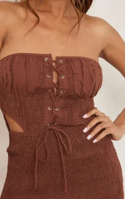 Brown Shirred Bandeau Lace Up Detail Shift Dress