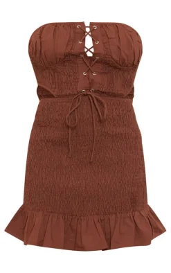 Brown Shirred Bandeau Lace Up Detail Shift Dress