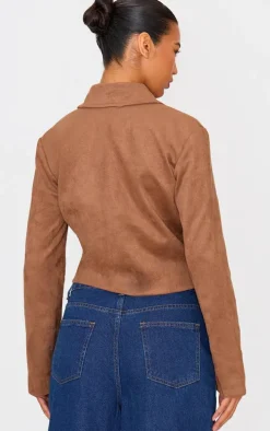 Brown Shoulder Pad Detail Faux Suede Jacket